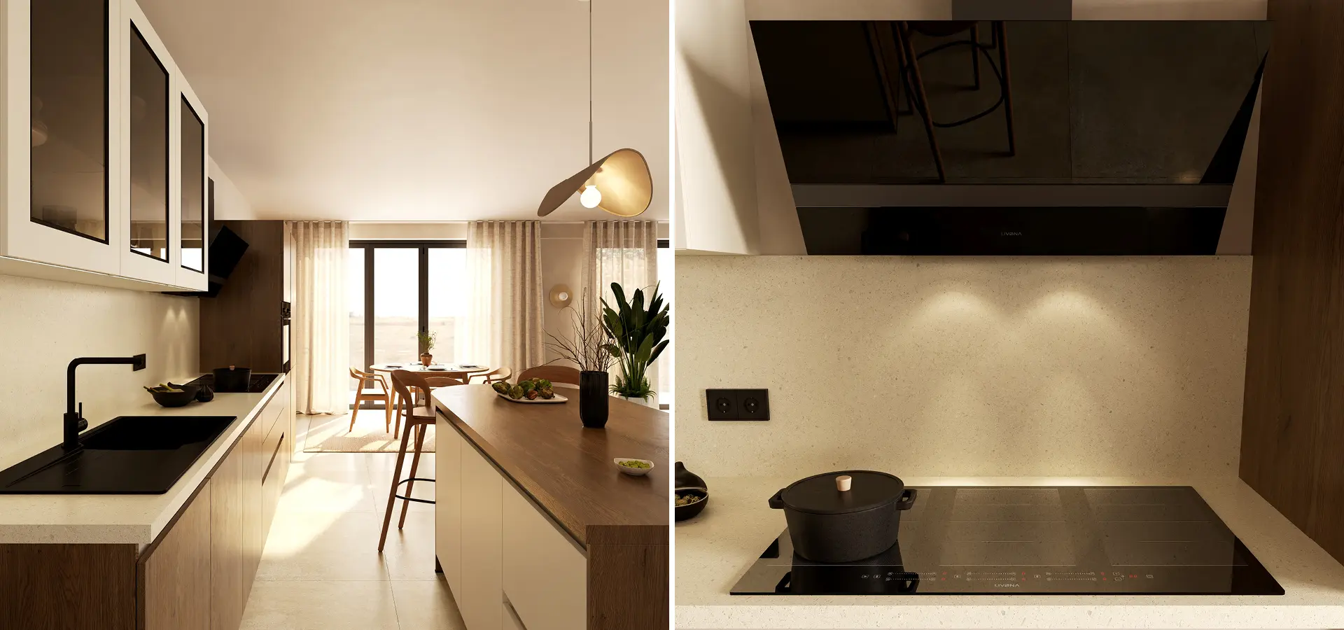 Helle Designküche mit Holz- und Cremefronten, schwarzer Spüle und Induktionskochfeld. Kücheninsel mit Barhockern, moderne Dunstabzugshaube, warme Beleuchtung und Essbereich mit großen Fenstern im Hintergrund.